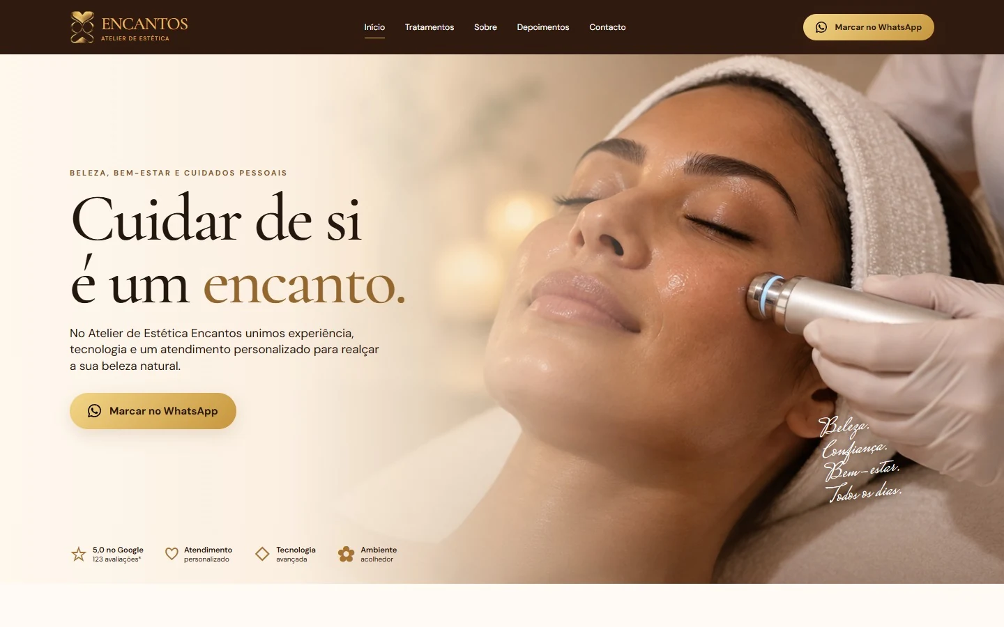 Landing page do Atelier de Estética Encantos desenvolvida por Eduardo Lobo